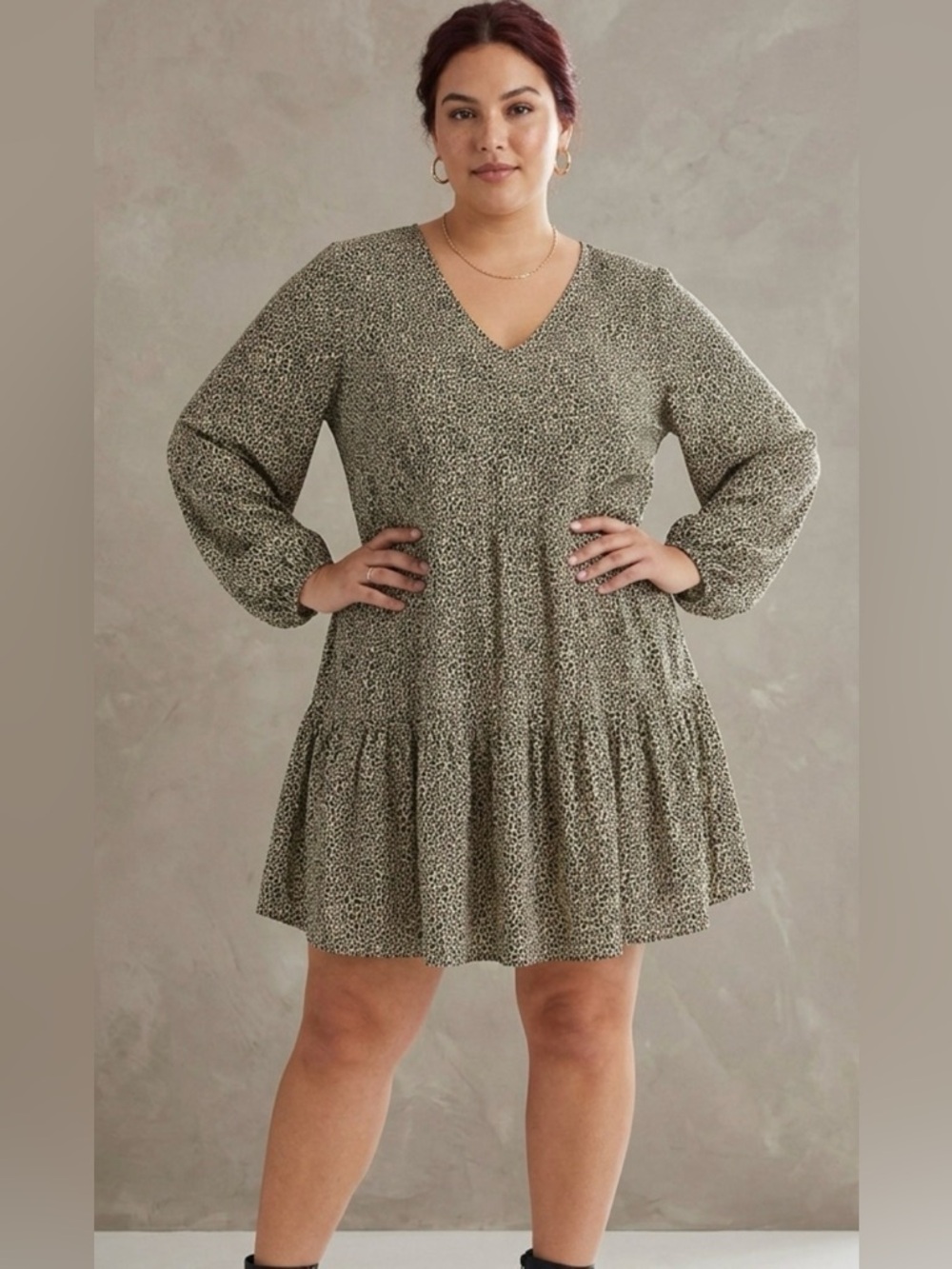 A New Day Leopard V-Neck Long Sleeve Tiered Mini Dress